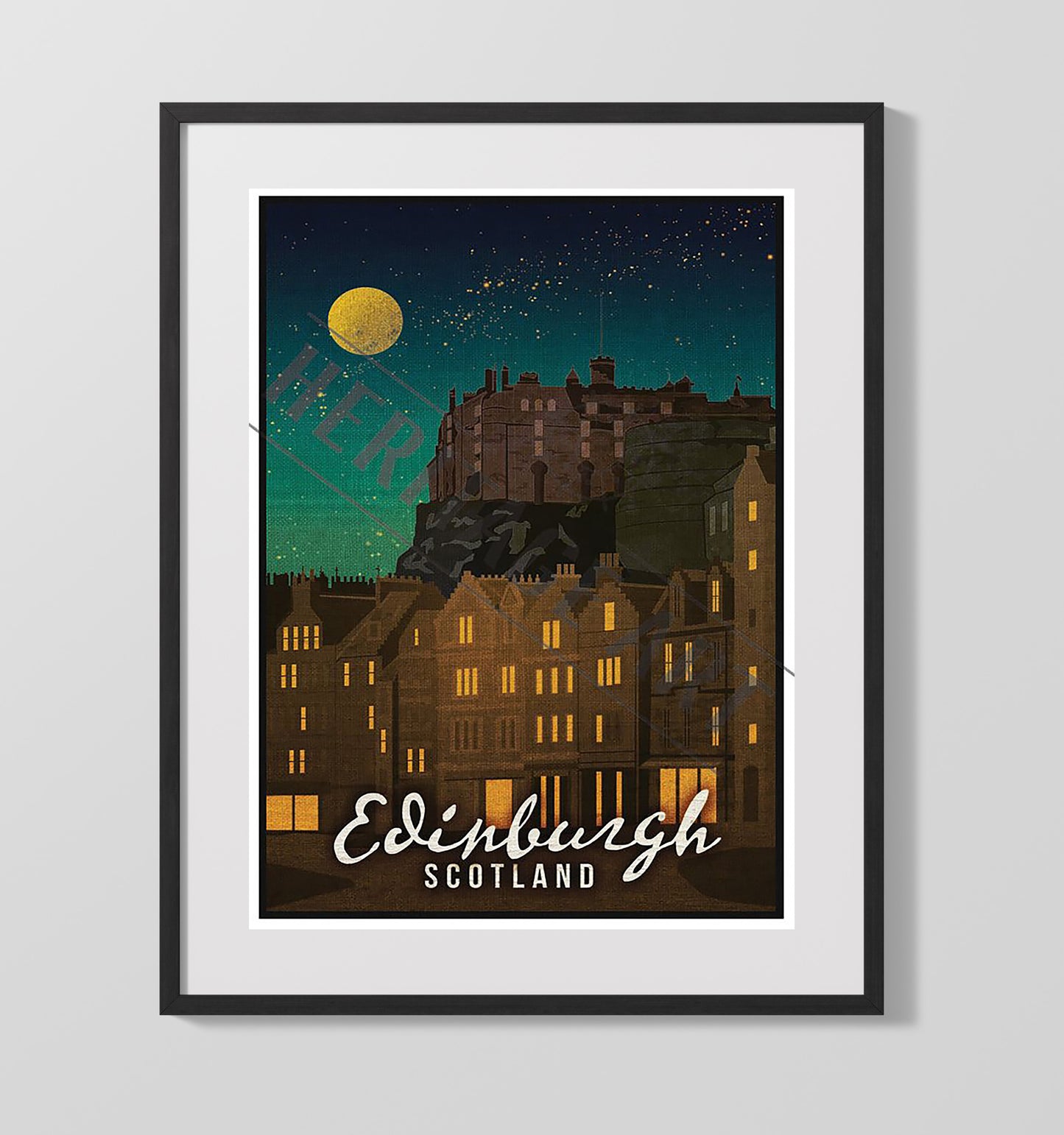 Edinburgh Castle at Night Vintage Travel Print 16x20 Gallery Frame travel wall art print