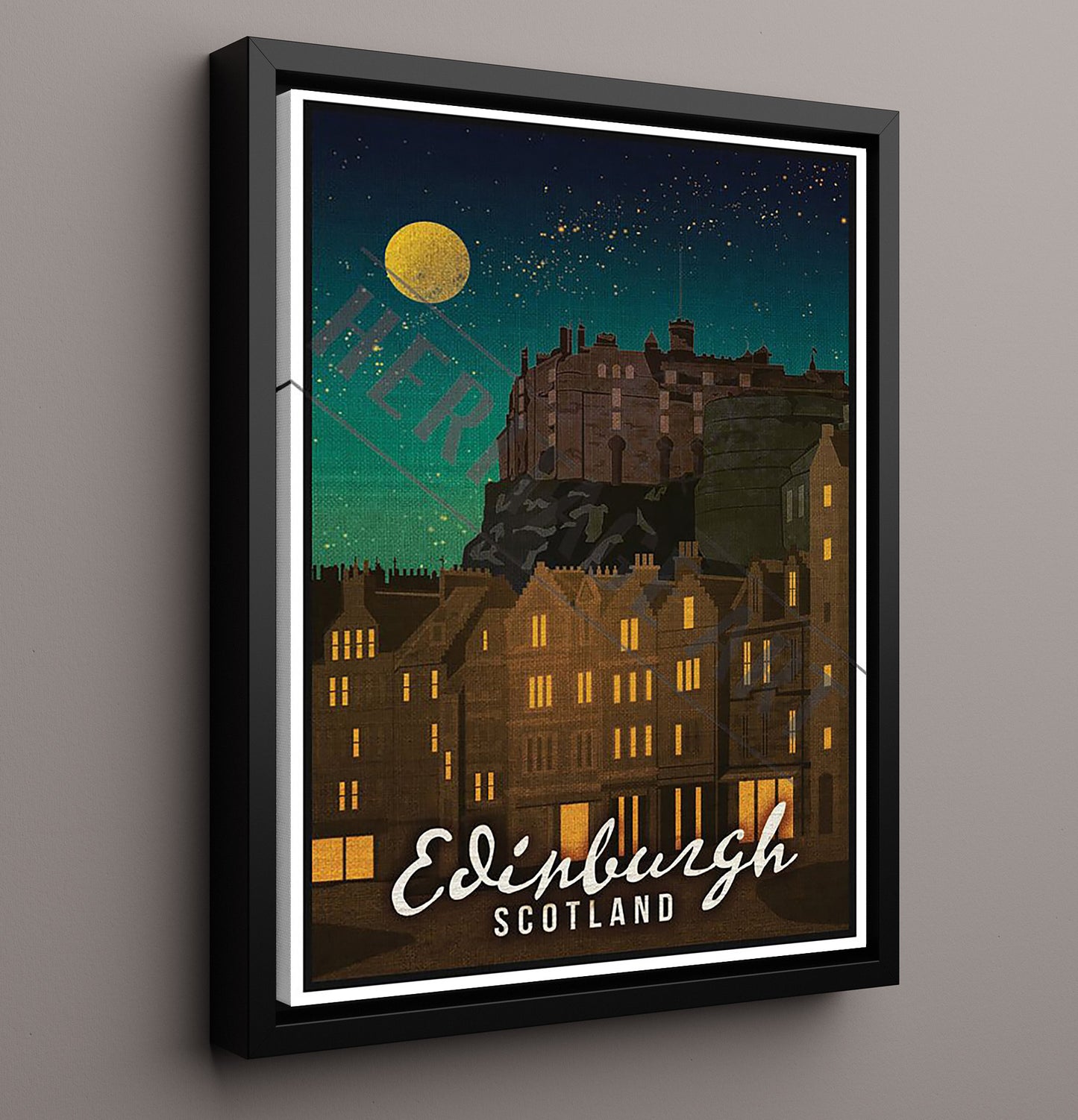 Edinburgh Castle at Night Vintage Travel Print 16x20 Framed Canvas travel wall art print