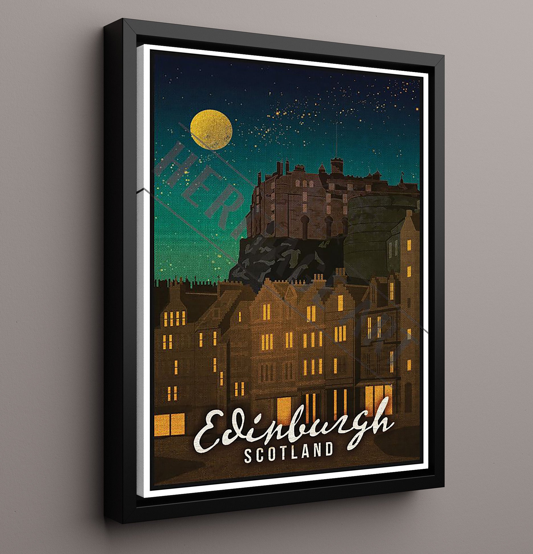 Edinburgh Castle at Night Vintage Travel Print 16x20 Framed Canvas travel wall art print