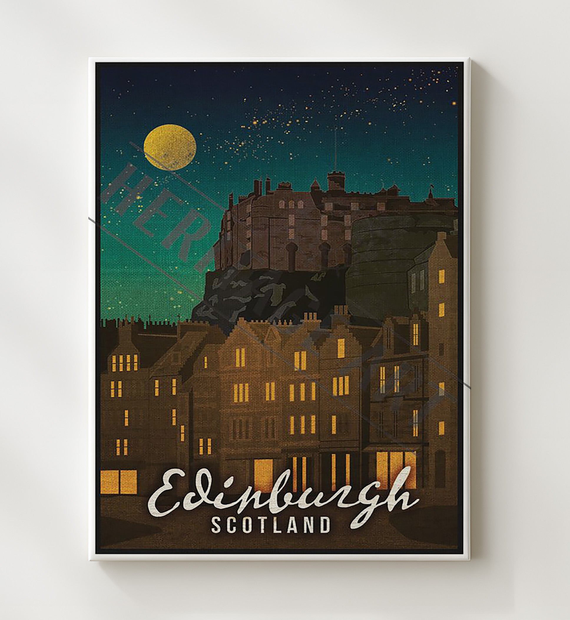Edinburgh Castle at Night Vintage Travel Print 20x24 Canvas travel wall art print
