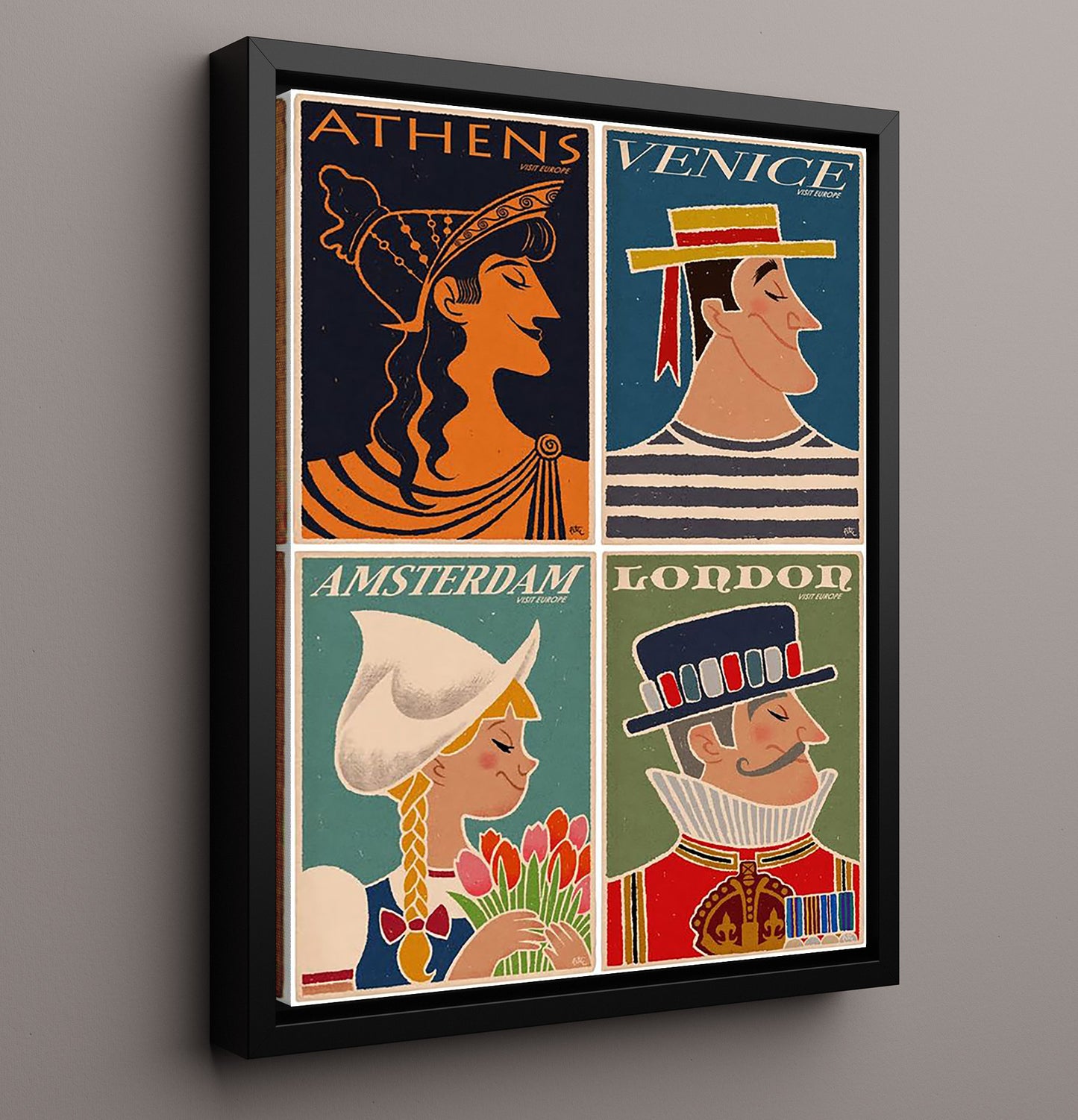 Europe Athens Venice Amsterdam London Vintage Travel Print 16x20 Framed Canvas travel wall art print