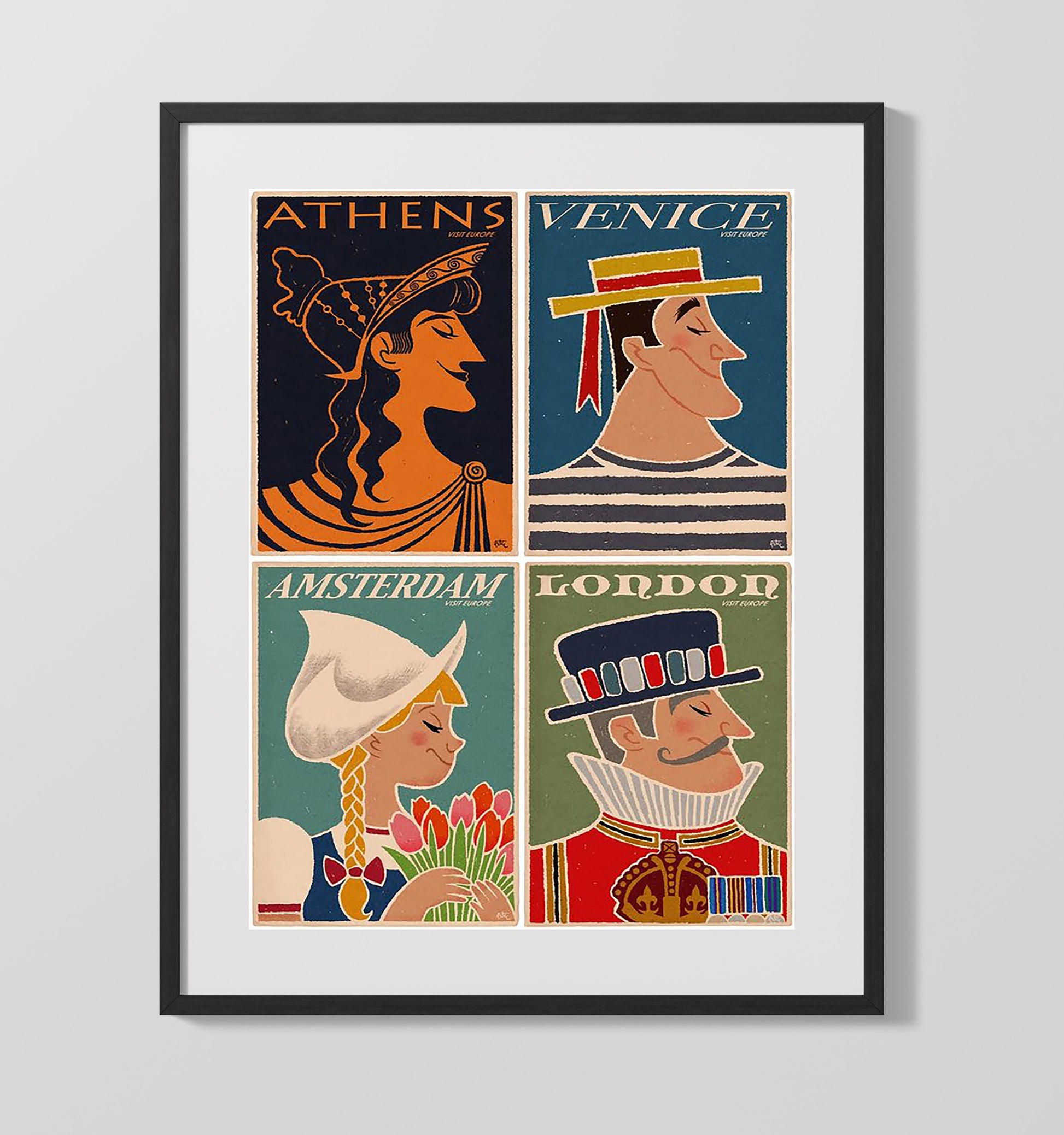 Europe Athens Venice Amsterdam London Vintage Travel Print 16x20 Gallery Frame travel wall art print