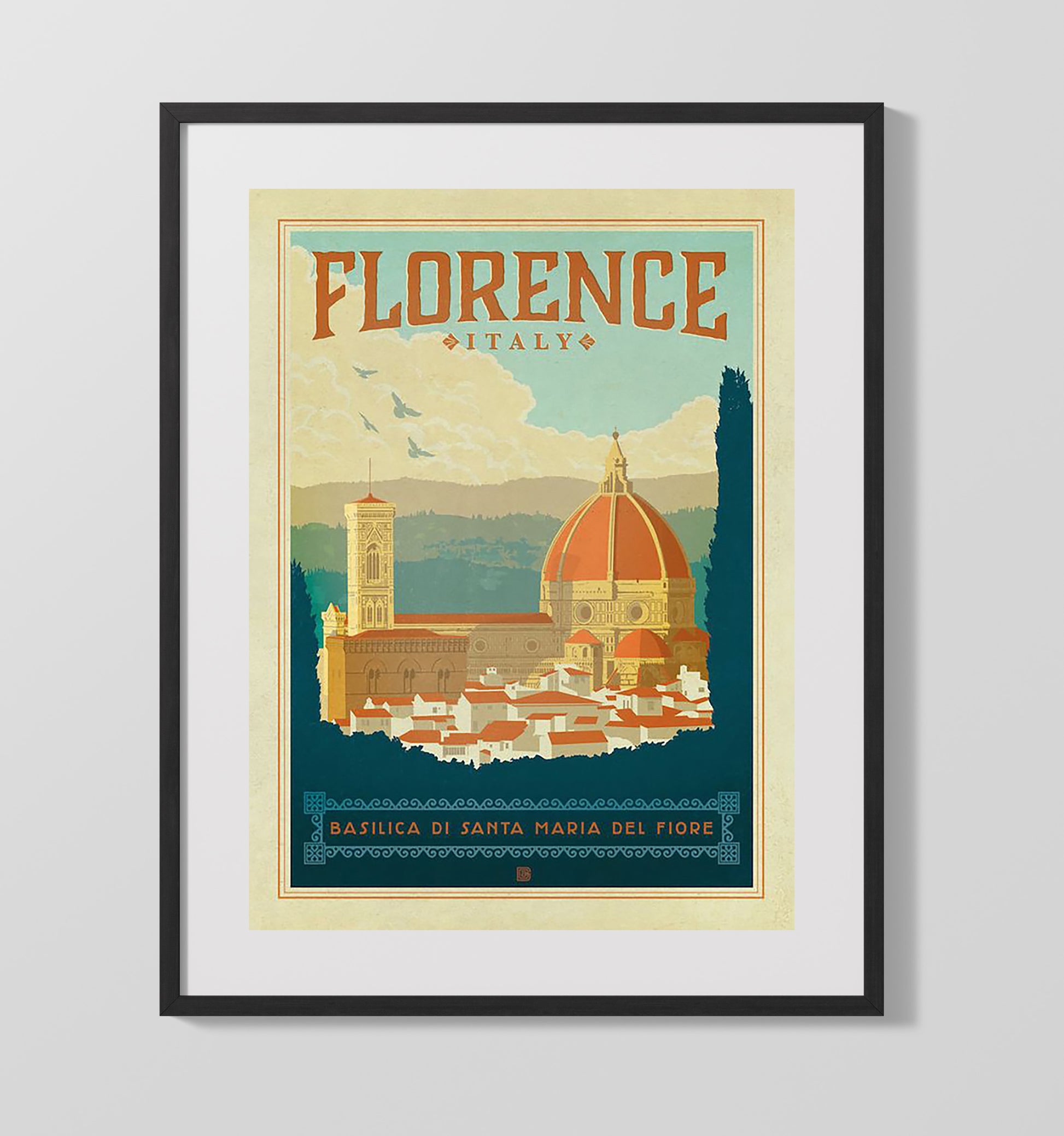 Florence Basilica di Santa Maria del Fiore Vintage Travel Print 16x20 Gallery Frame travel wall art print