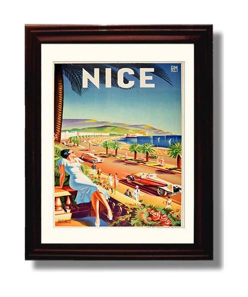 France Nice Riviera Vintage Travel Print 8x10 Beveled Frame travel wall art print