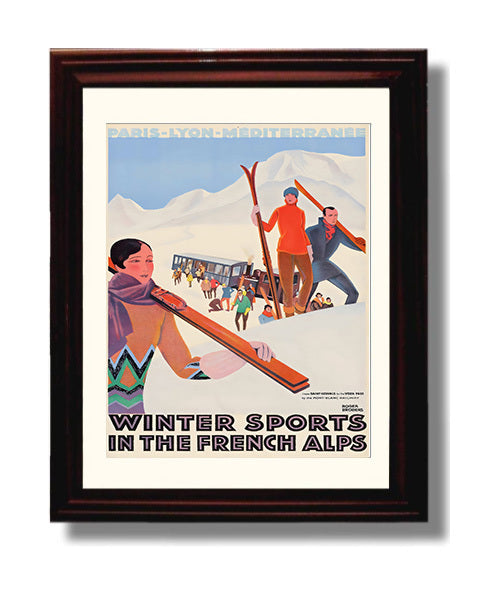 French Alps Winter Sports Vintage Travel Print 8x10 Beveled Frame travel wall art print