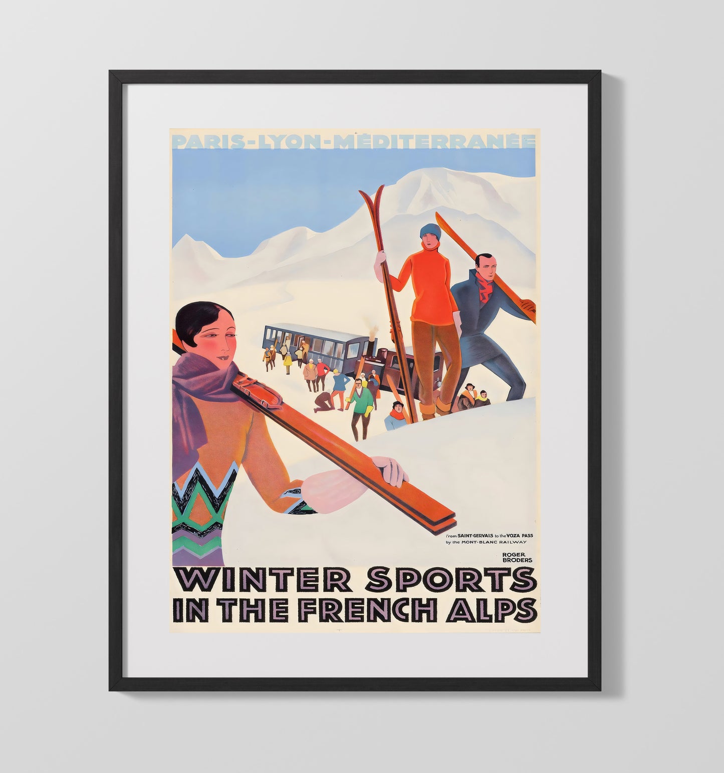 French Alps Winter Sports Vintage Travel Print 16x20 Gallery Frame travel wall art print