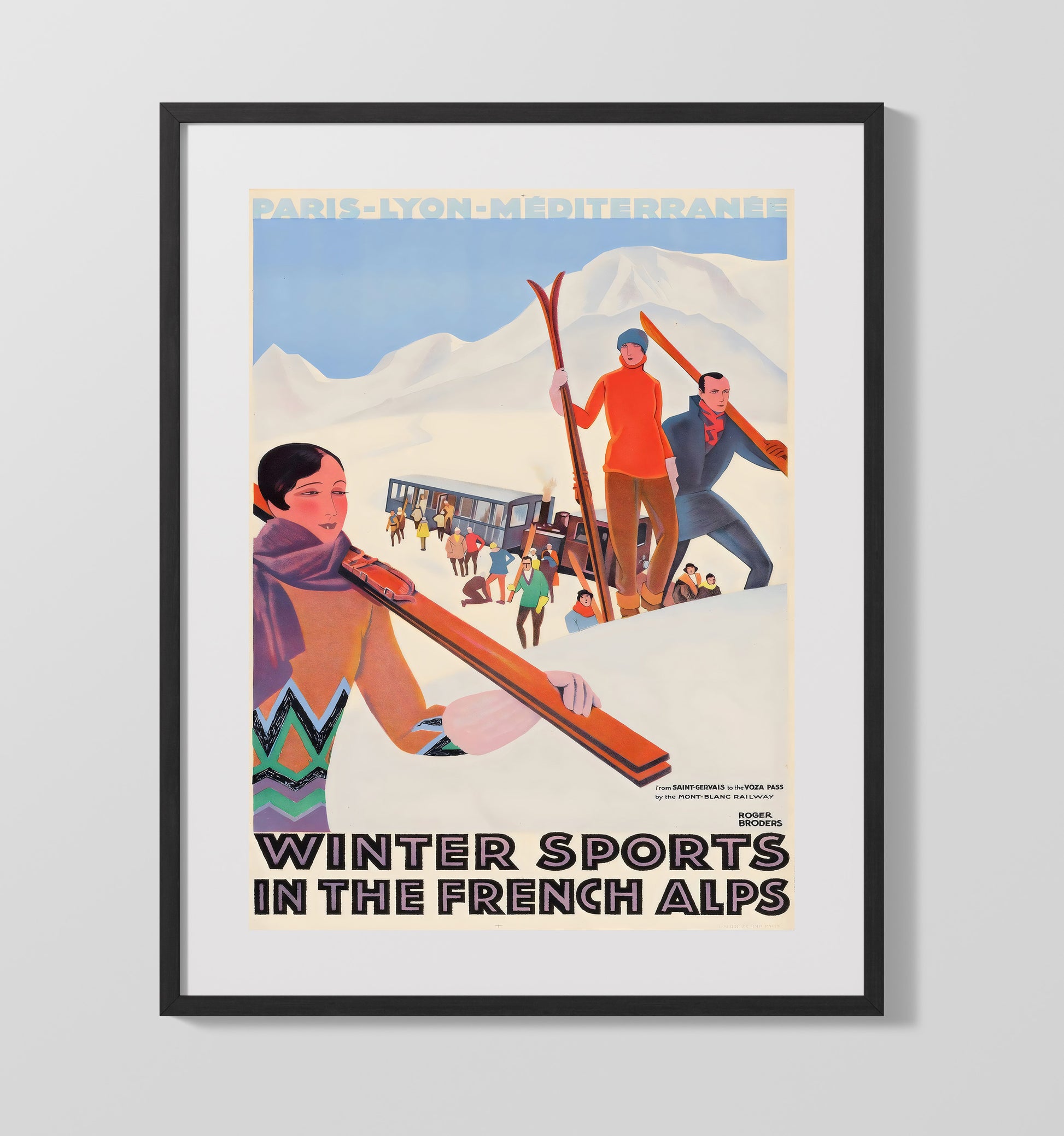 French Alps Winter Sports Vintage Travel Print 16x20 Gallery Frame travel wall art print