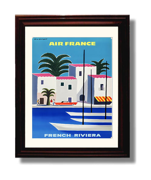 French Riviera Air France Vintage Travel Print 8x10 Beveled Frame travel wall art print