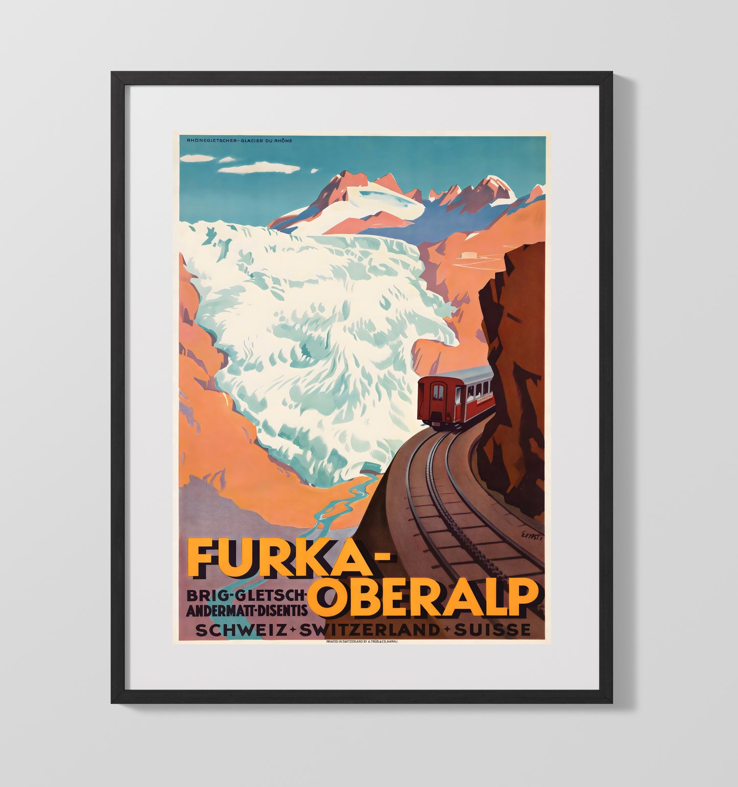 Furka Oberalp Swiss Railway Vintage Travel Print 16x20 Gallery Frame travel wall art print