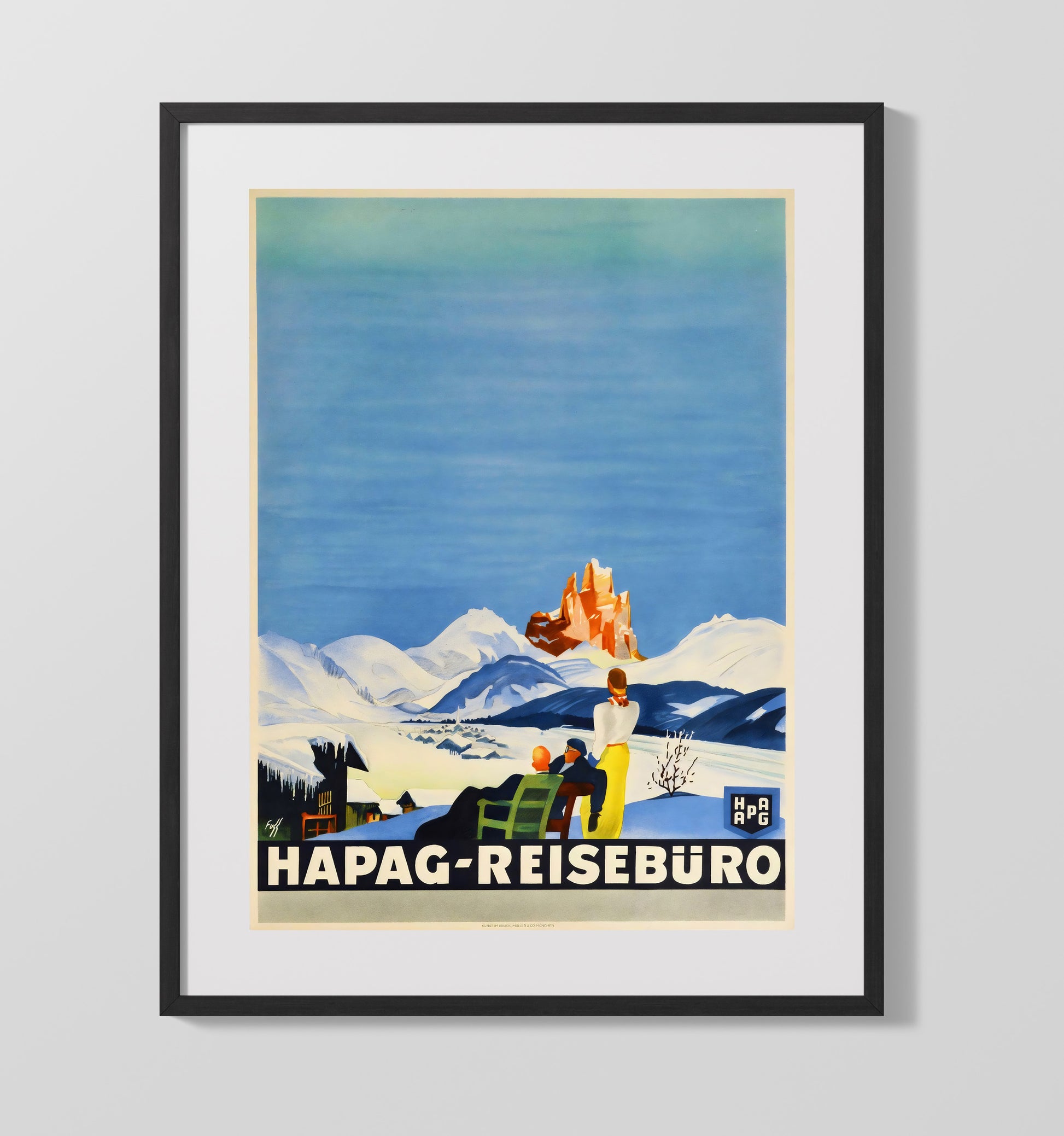 Germany HAPAG Reiseburo Alps Vintage Travel Print 16x20 Gallery Frame travel wall art print