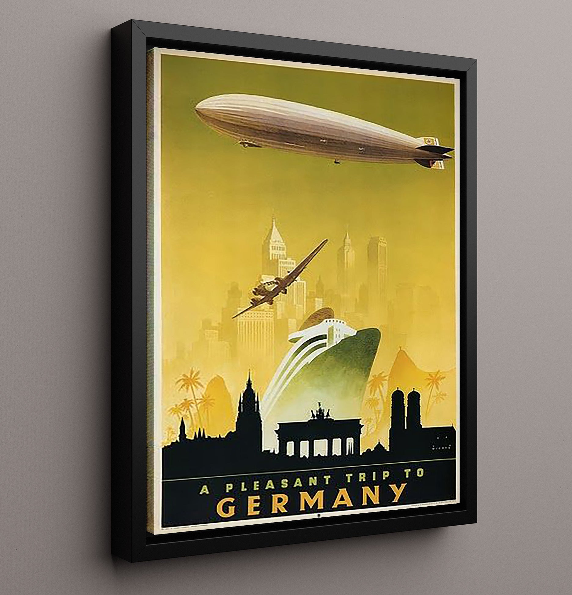 Germany Zeppelin and Brandenburg Gate Vintage Travel Print 16x20 Framed Canvas travel wall art print