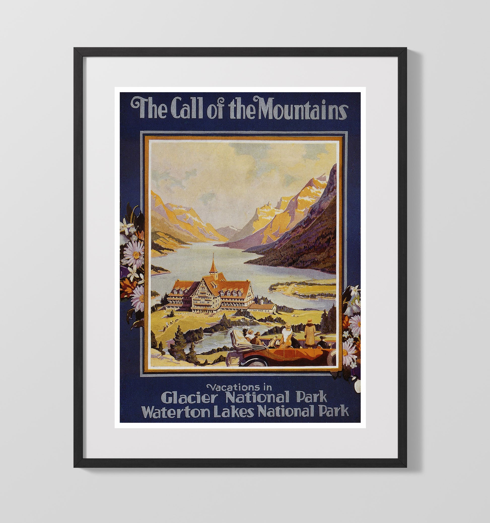 Glacier Park Waterton Lakes Vintage Travel Print 16x20 Gallery Frame travel wall art print