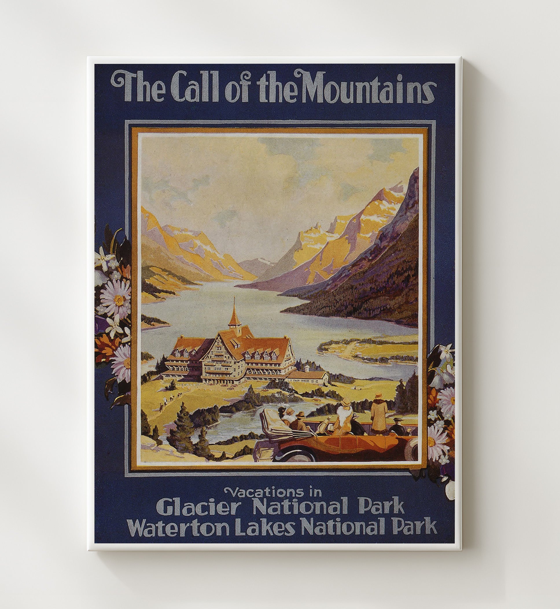 Glacier Park Waterton Lakes Vintage Travel Print 20x24 Canvas travel wall art print