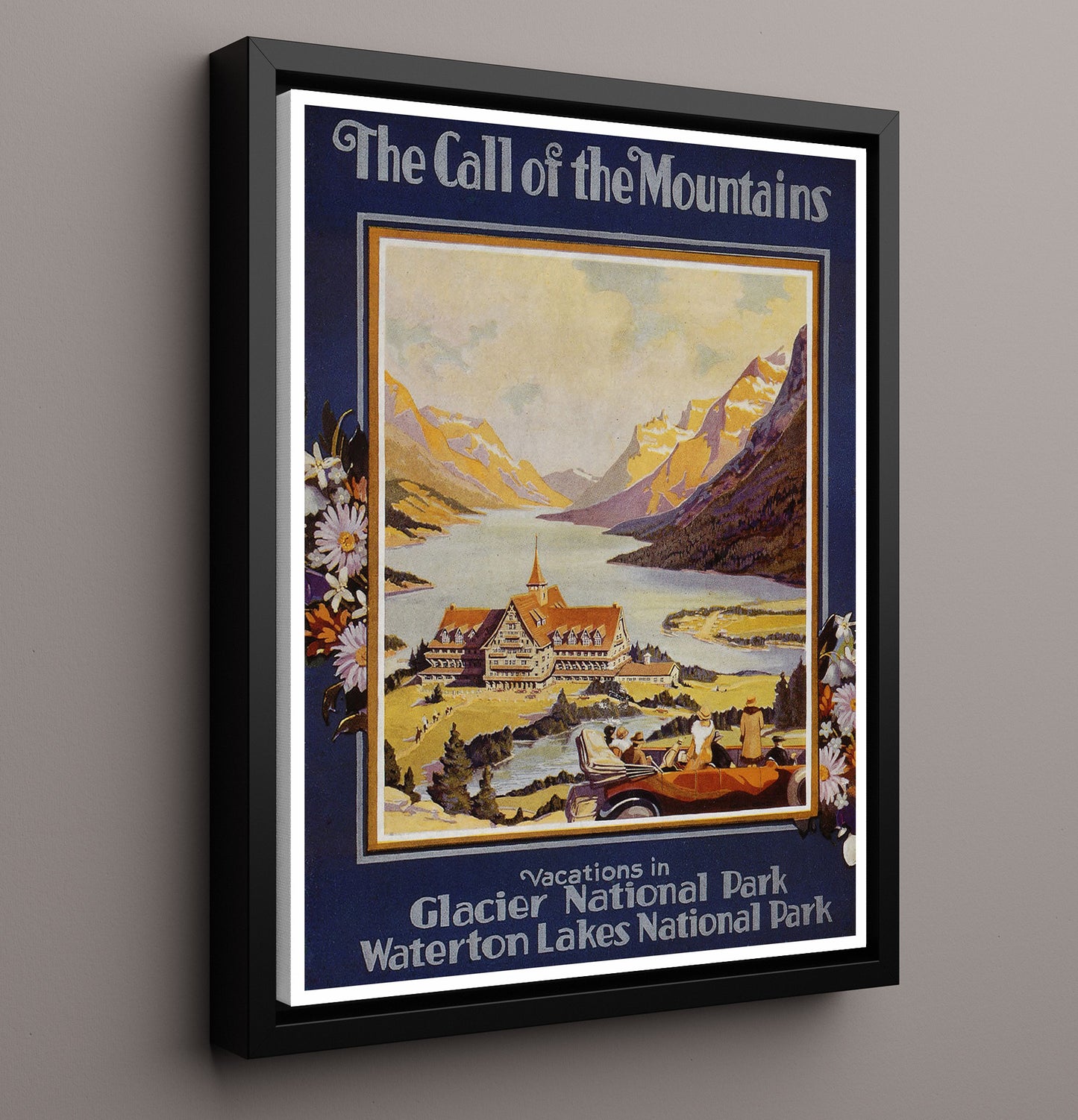 Glacier Park Waterton Lakes Vintage Travel Print 16x20 Framed Canvas travel wall art print
