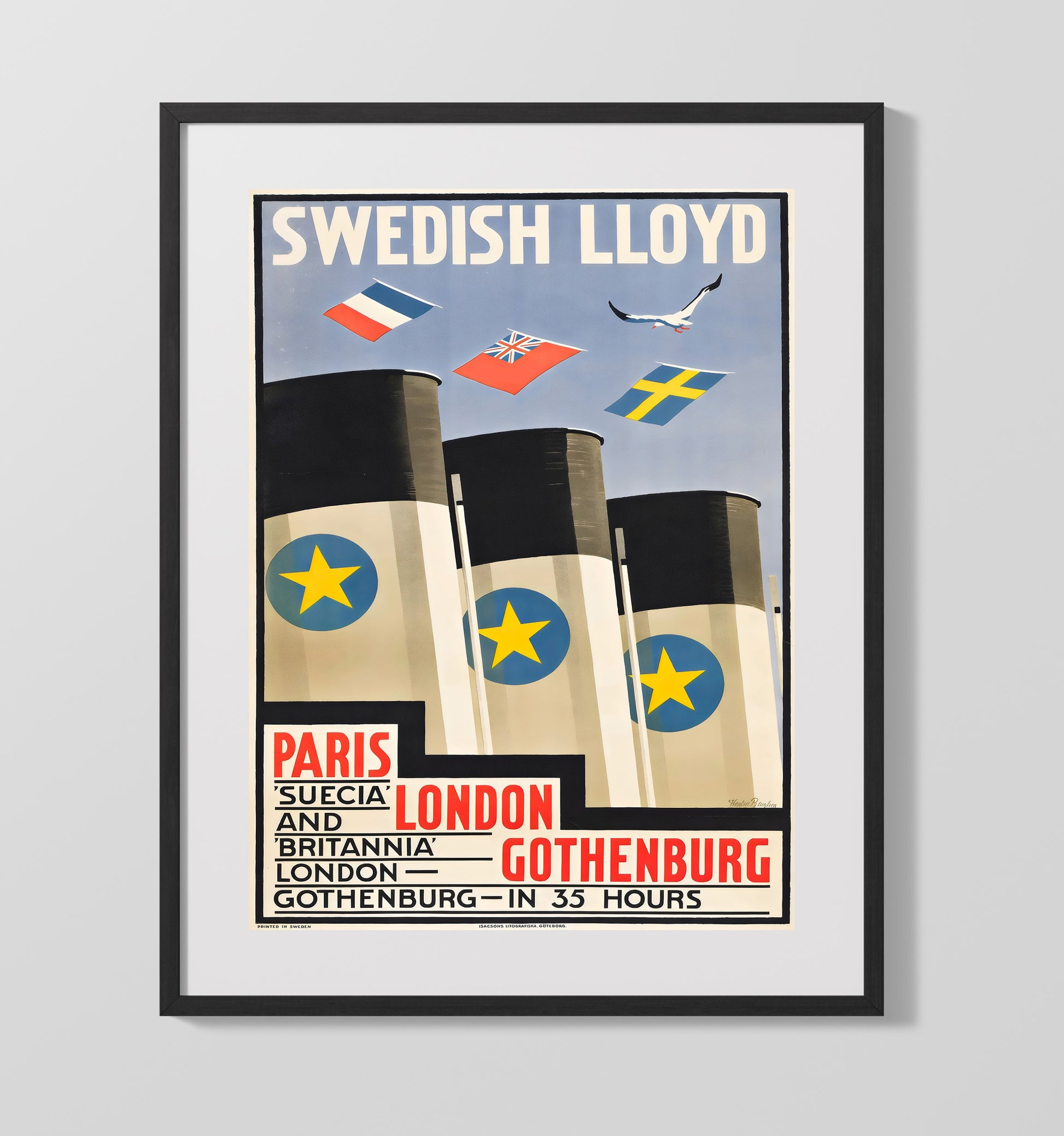 Gothenburg Swedish Lloyd Vintage Travel Print 16x20 Gallery Frame travel wall art print