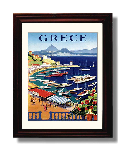 Greece Athens Baie de Castella Vintage Travel Print 8x10 Beveled Frame travel wall art print