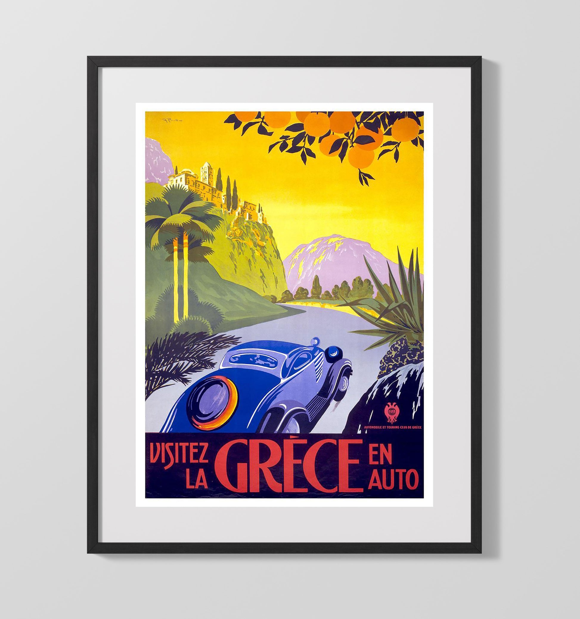 Greece By Car Vintage Travel Print 16x20 Gallery Frame travel wall art print