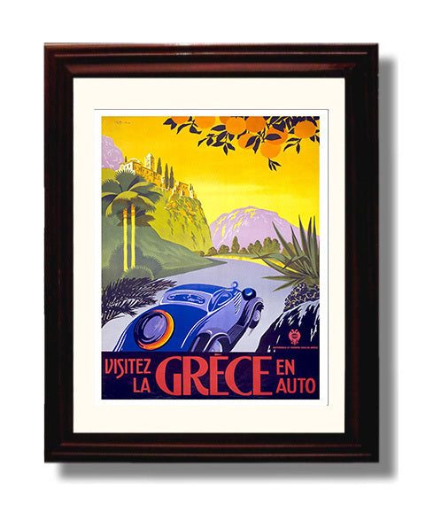 Greece By Car Vintage Travel Print 8x10 Beveled Frame travel wall art print