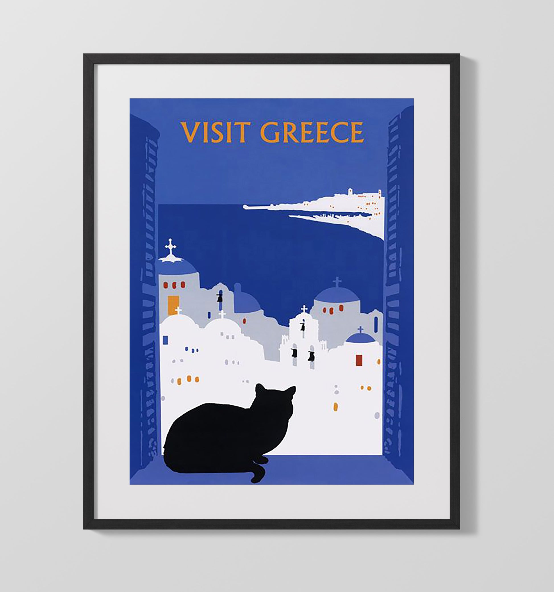 Greece Santorini Cat Vintage Travel Print 16x20 Gallery Frame travel wall art print