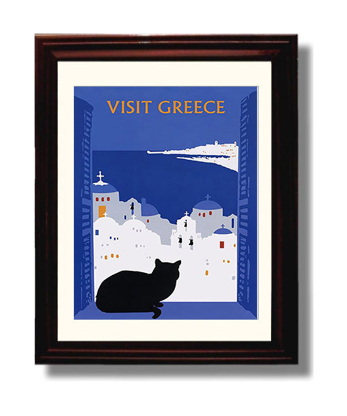 Greece Santorini Cat Vintage Travel Print 8x10 Beveled Frame travel wall art print