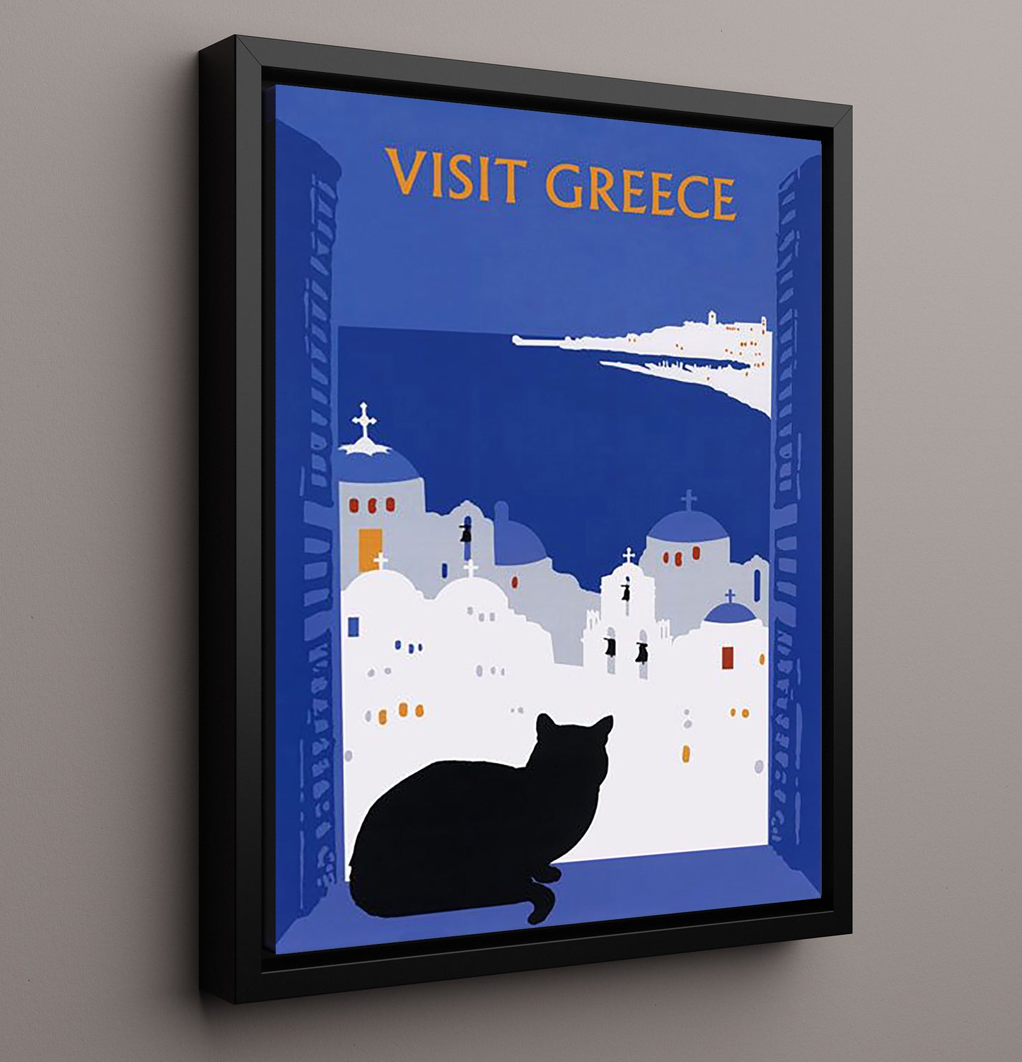 Greece Santorini Cat Vintage Travel Print 16x20 Framed Canvas travel wall art print