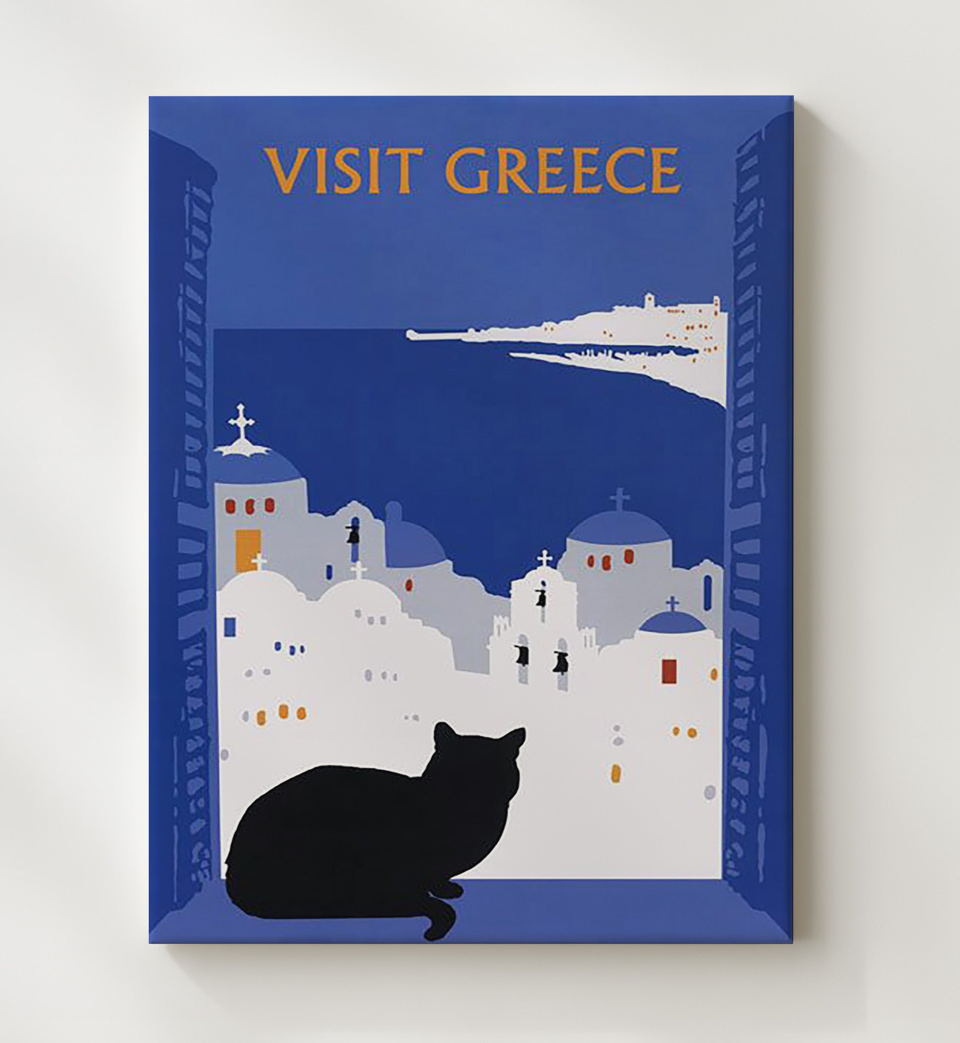 Greece Santorini Cat Vintage Travel Print 20x24 Canvas travel wall art print