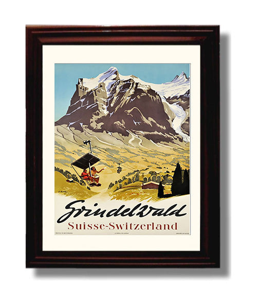 Grindelwald Switzerland Vintage Travel Print 8x10 Beveled Frame travel wall art print