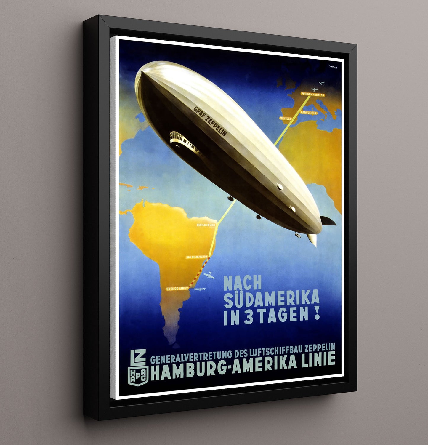 Hamburg America Zeppelin Vintage Travel Print 16x20 Framed Canvas travel wall art print