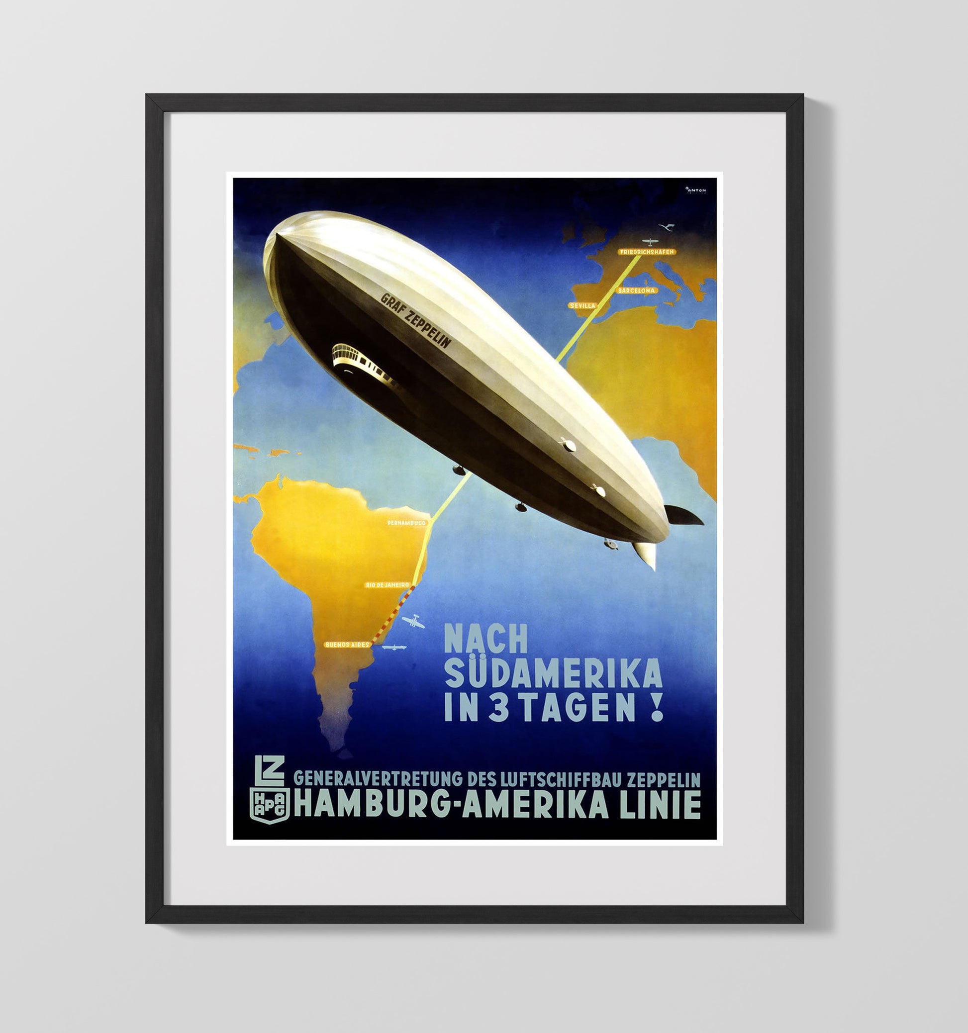 Hamburg America Zeppelin Vintage Travel Print 16x20 Gallery Frame travel wall art print