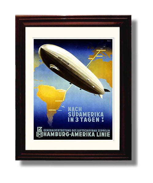 Hamburg America Zeppelin Vintage Travel Print 8x10 Beveled Frame travel wall art print