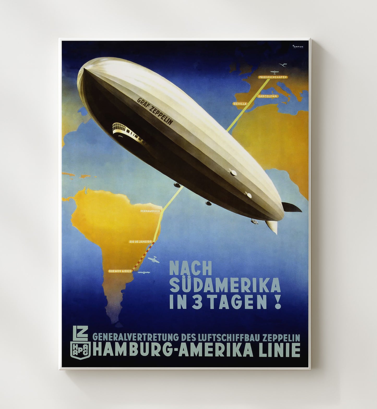 Hamburg America Zeppelin Vintage Travel Print 20x24 Canvas travel wall art print