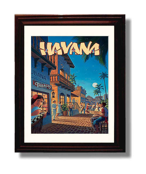 Havana Cuba Nightlife Vintage Travel Print 8x10 Beveled Frame travel wall art print