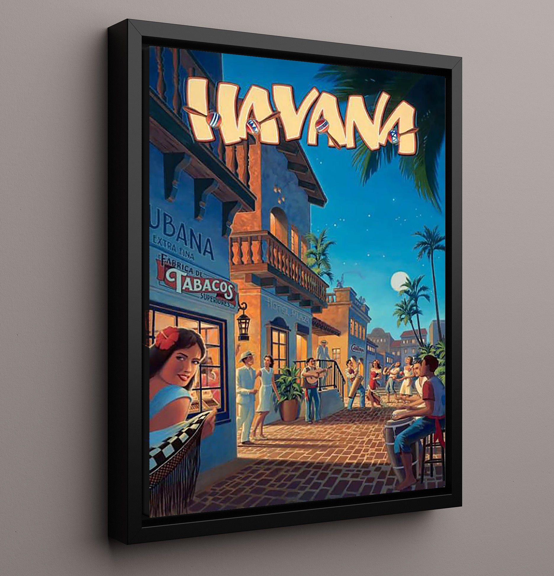 Havana Cuba Nightlife Vintage Travel Print 16x20 Framed Canvas travel wall art print
