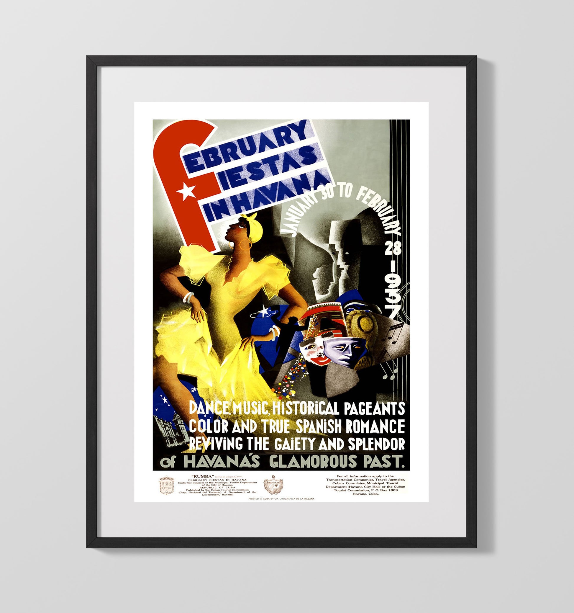 Havana Fiestas 1937 Vintage Travel Print 16x20 Gallery Frame travel wall art print