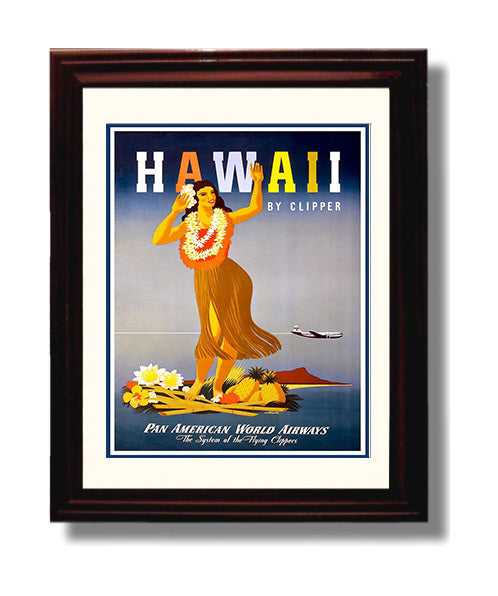 Hawaii By Clipper Vintage Travel Print 8x10 Beveled Frame travel wall art print