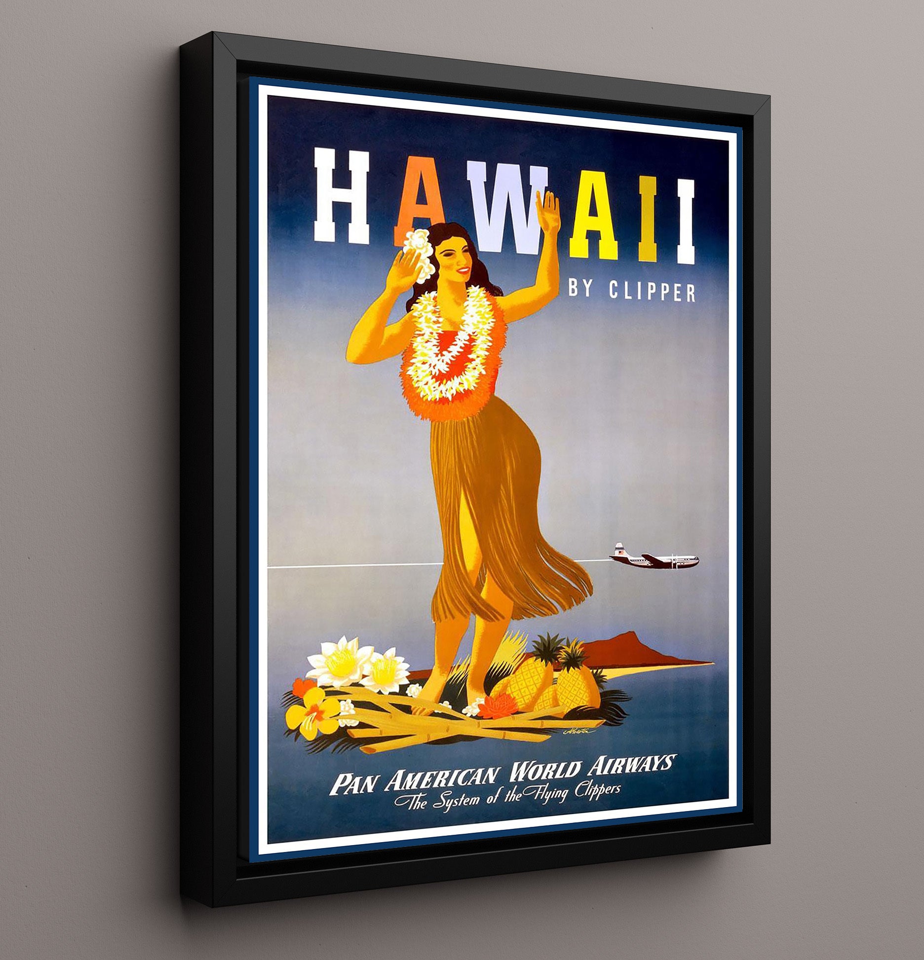 Hawaii By Clipper Vintage Travel Print 16x20 Framed Canvas travel wall art print