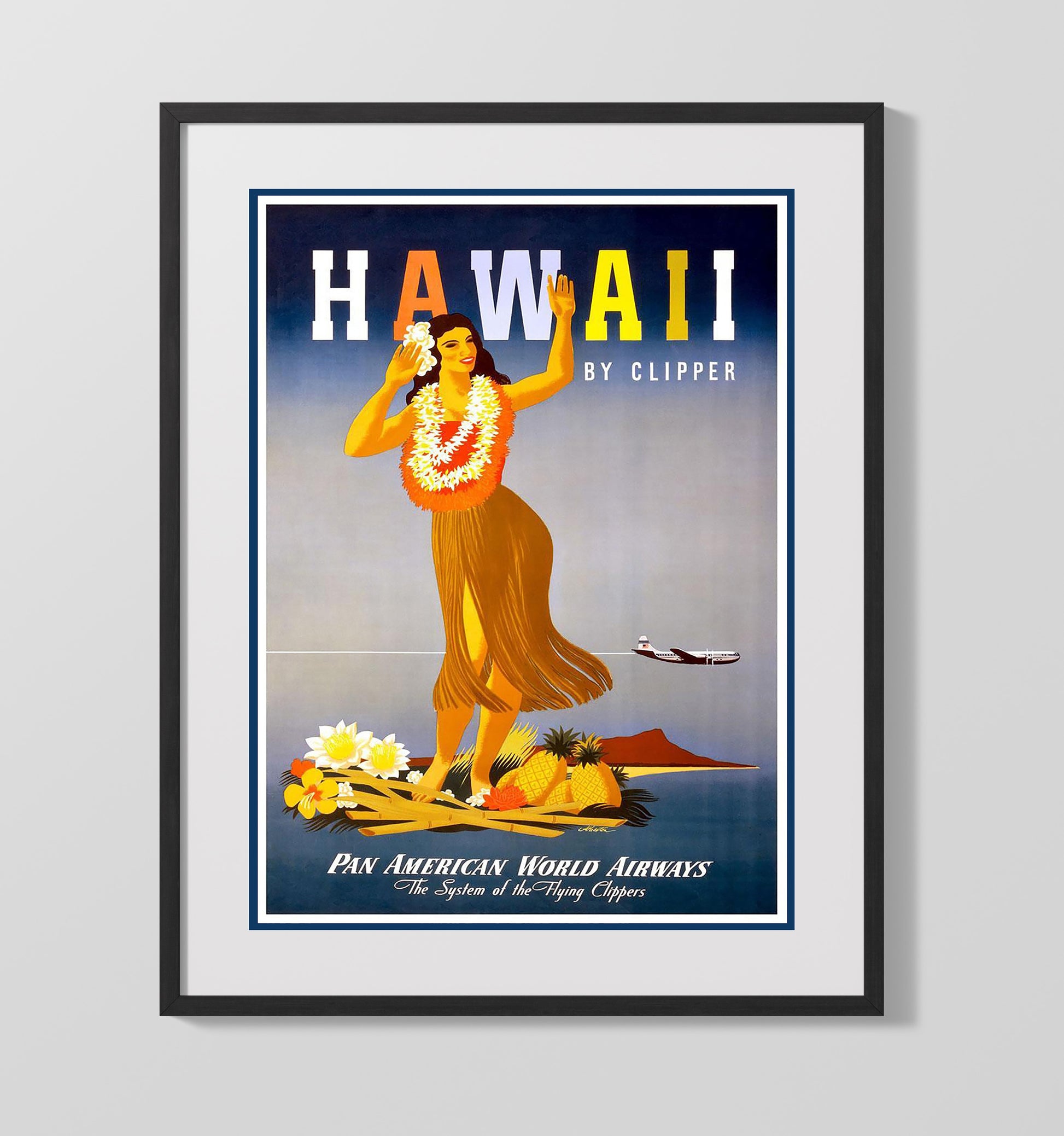 Hawaii By Clipper Vintage Travel Print 16x20 Gallery Frame travel wall art print
