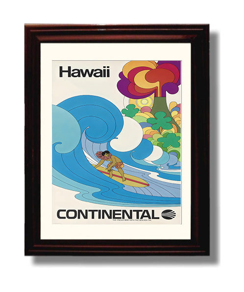 Hawaii Continental Vintage Travel Print 8x10 Beveled Frame travel wall art print