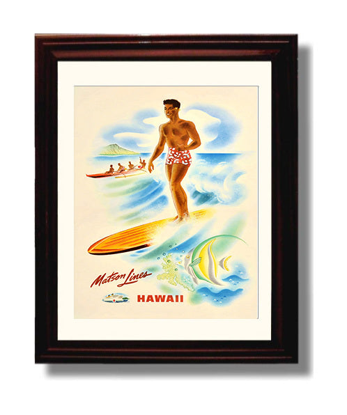 Hawaii Matson Lines Surfing Vintage Travel Print 8x10 Beveled Frame travel wall art print