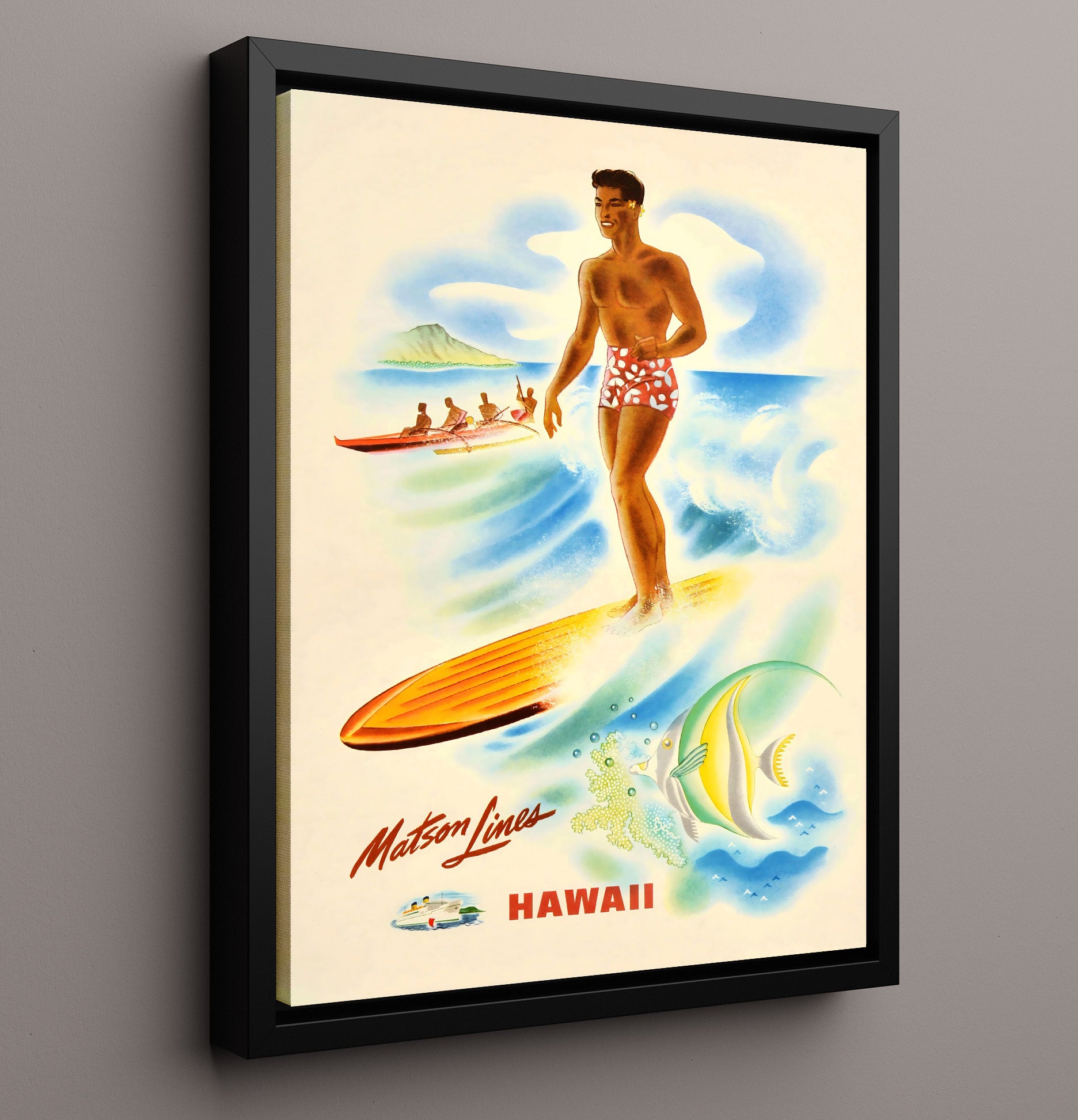 Hawaii Matson Lines Surfing Vintage Travel Print 16x20 Framed Canvas travel wall art print