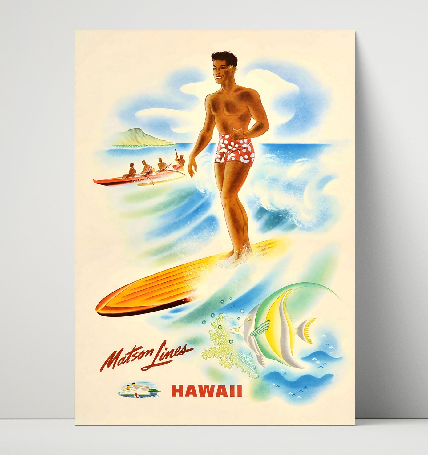 Hawaii Matson Lines Surfing Vintage Travel Print 16x20 Unframed Print travel wall art print