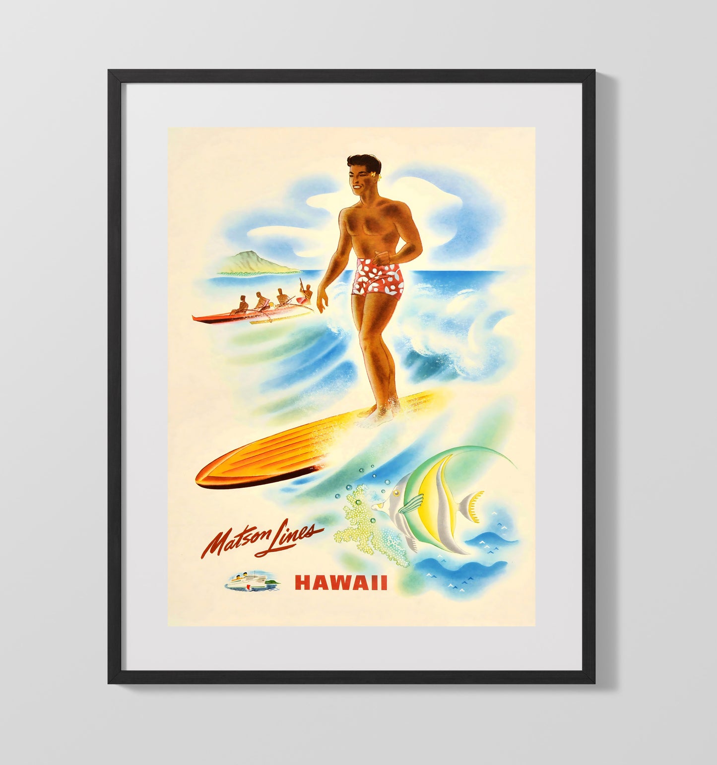 Hawaii Matson Lines Surfing Vintage Travel Print 16x20 Gallery Frame travel wall art print