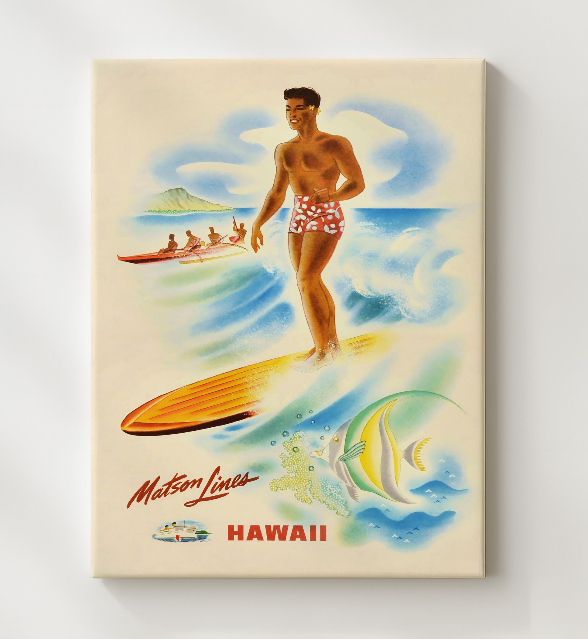 Hawaii Matson Lines Surfing Vintage Travel Print 20x24 Canvas travel wall art print