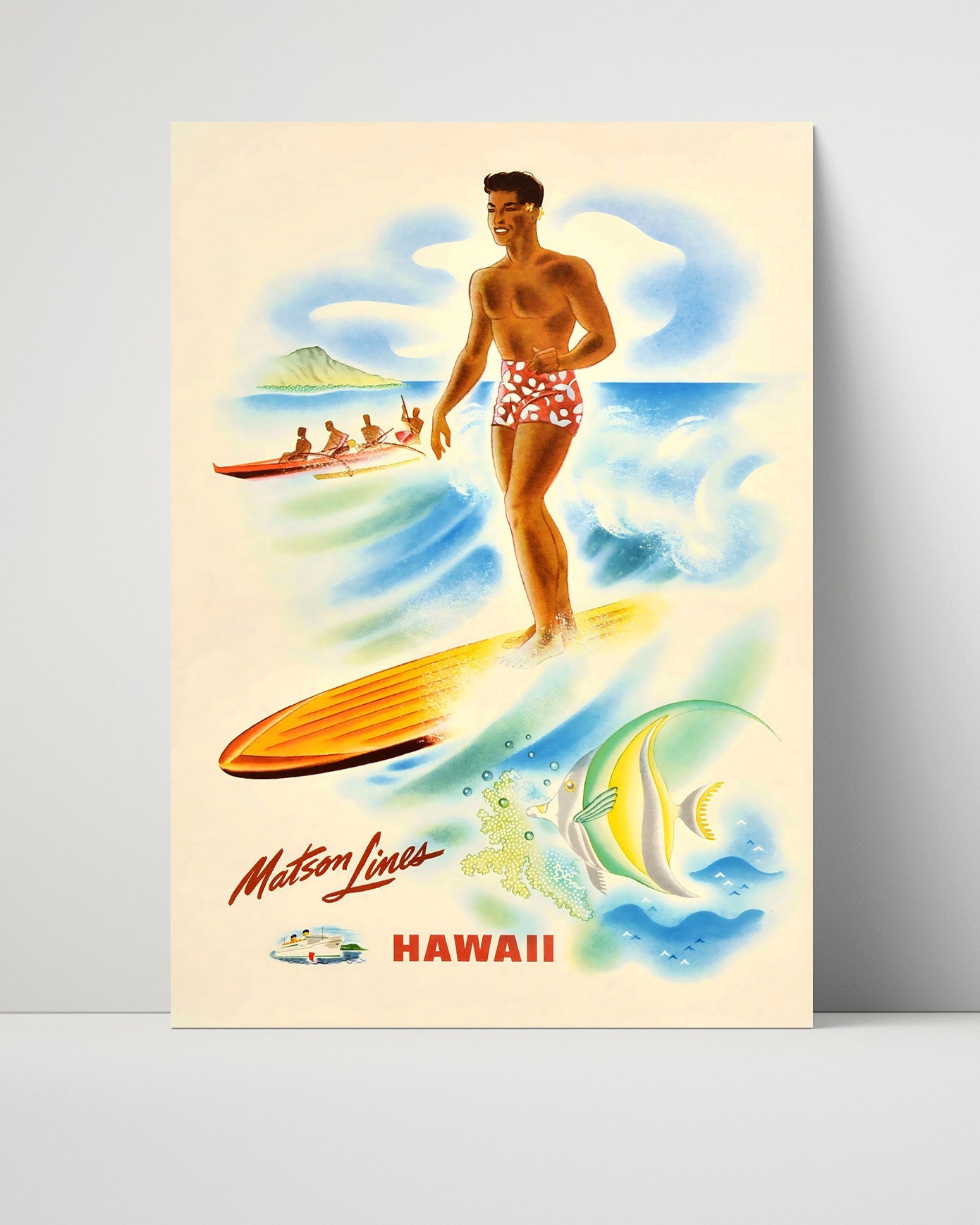 Classic Travel Poster - Hawaii - Matson Lines Surfing