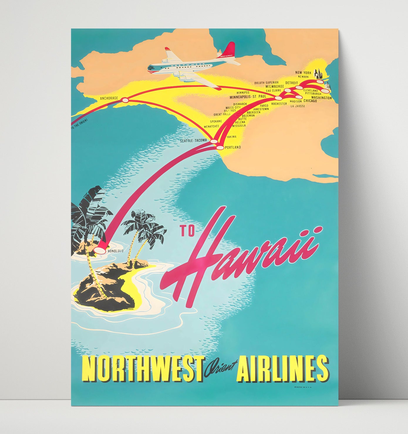 Hawaii Northwest Orient Airlines Vintage Travel Print 16x20 Unframed Print travel wall art print