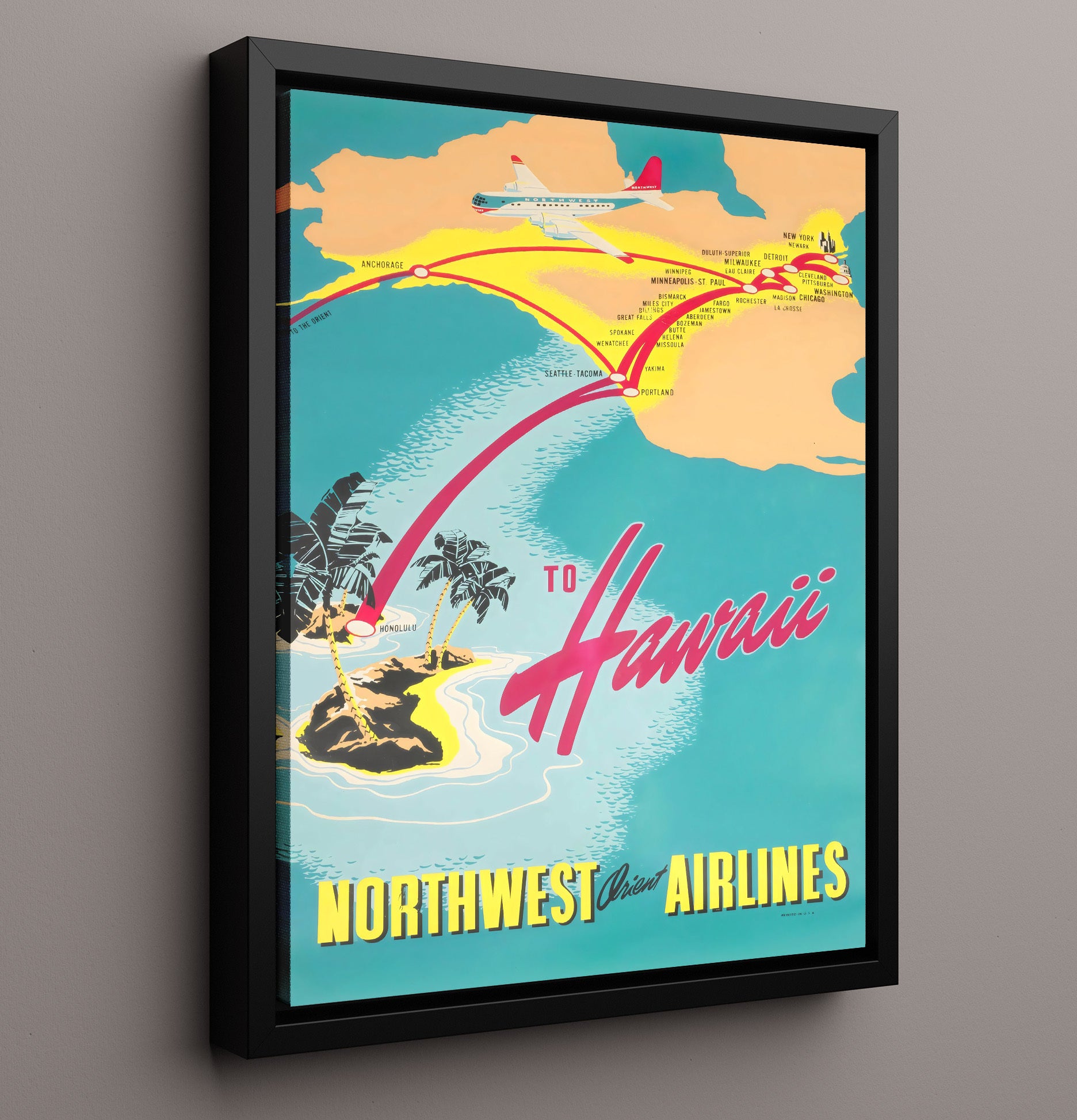 Hawaii Northwest Orient Airlines Vintage Travel Print 16x20 Framed Canvas travel wall art print