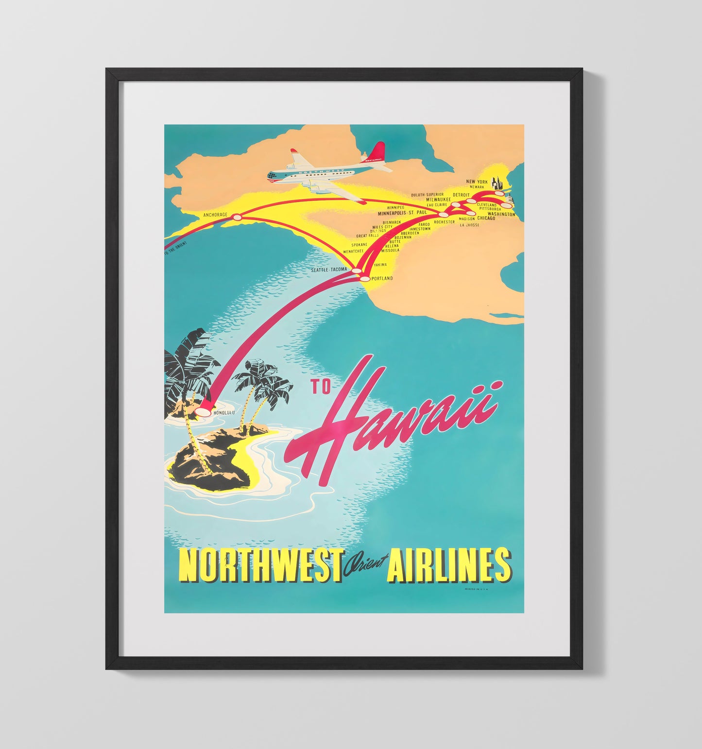 Hawaii Northwest Orient Airlines Vintage Travel Print 16x20 Gallery Frame travel wall art print