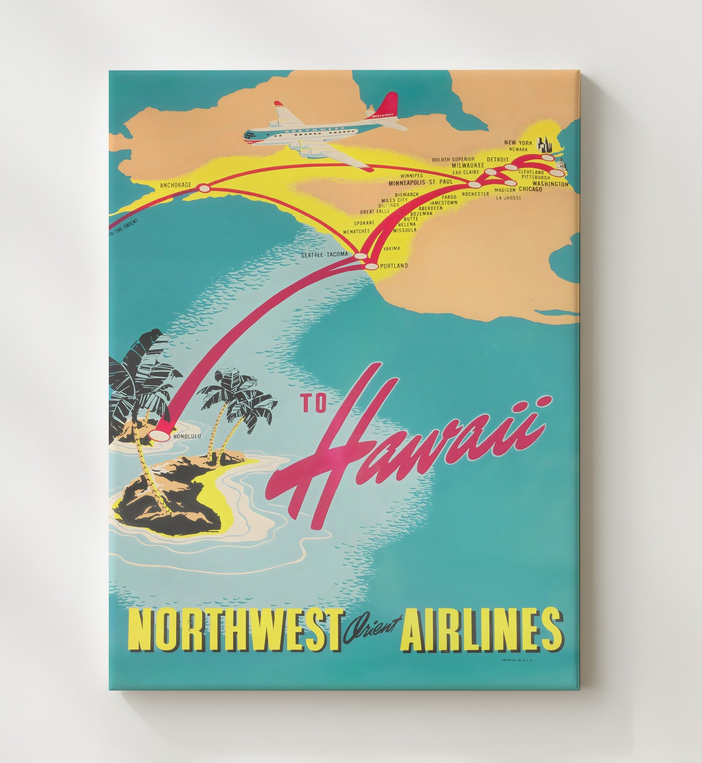 Hawaii Northwest Orient Airlines Vintage Travel Print 20x24 Canvas travel wall art print