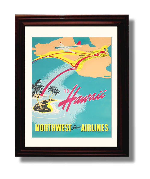 Hawaii Northwest Orient Airlines Vintage Travel Print 8x10 Beveled Frame travel wall art print
