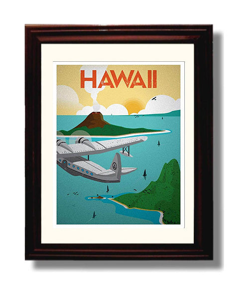 Hawaii Seaplane Vintage Travel Print 8x10 Beveled Frame travel wall art print